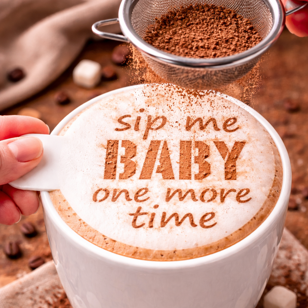 Cup of hot chocolate with 'sip me BABY one more time' text, surrounded by coffee beans and a mesh strainer.