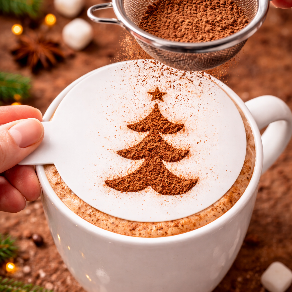 Hot chocolate with a Christmas tree design being sprinkled with cocoa powder.
