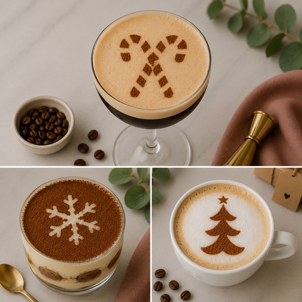 Design collage of the Winter Stencils for cocktails, coffee and dessert cups