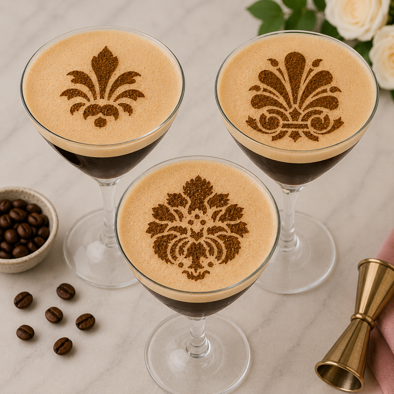 Damask Stencil applied to the top of an espresso martini glasses