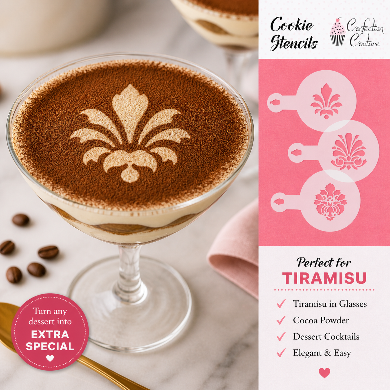 Damask stencil applied to the top of a tiramisu cup 