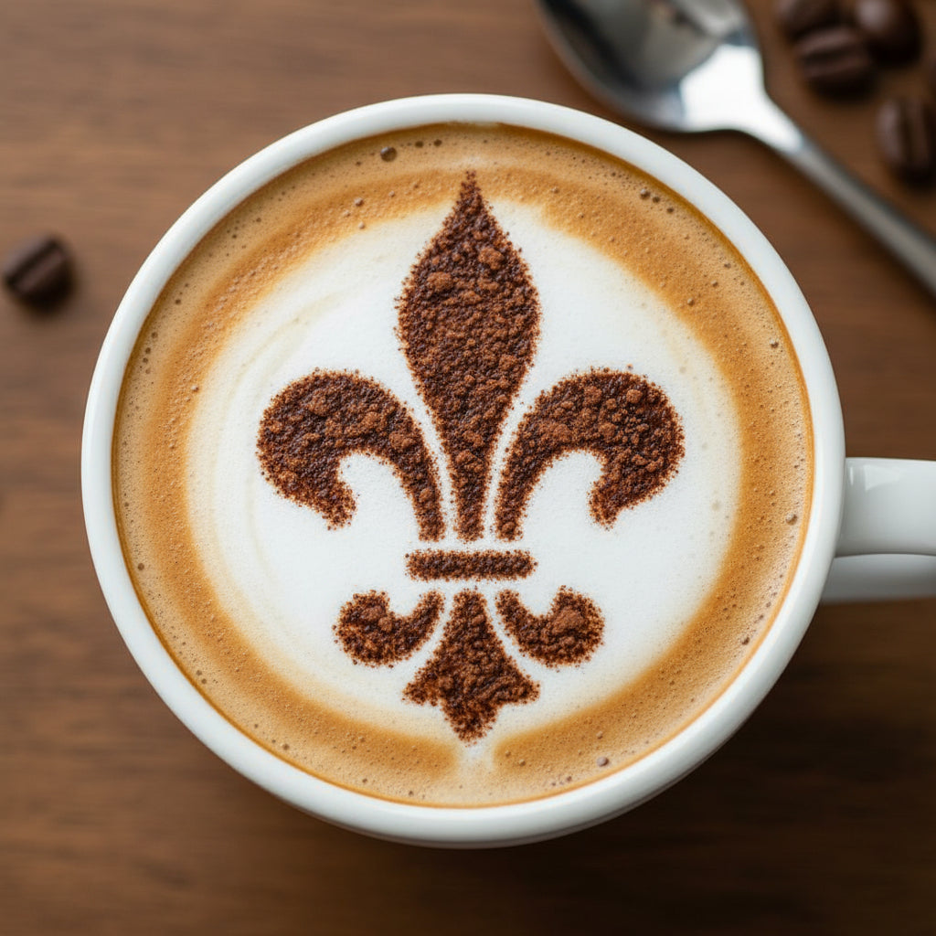Fleur de Lis design applied to the top of coffee with cocoa powder