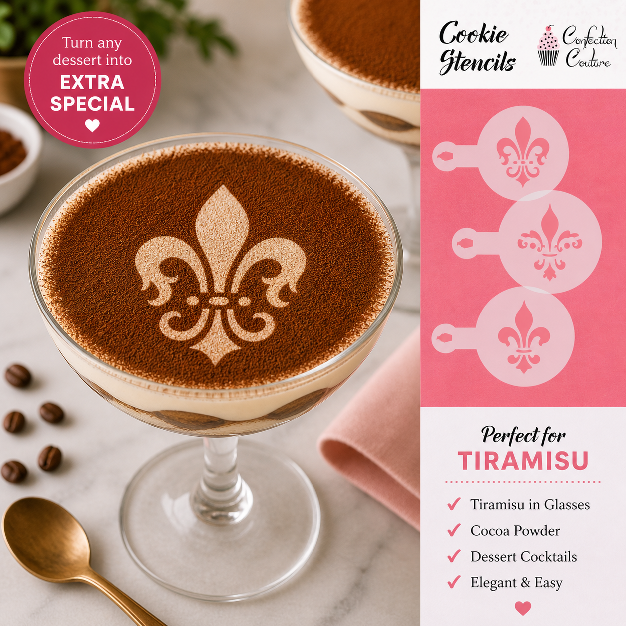 Dessert with coffee foam design, tiramisu in glasses kit on the side