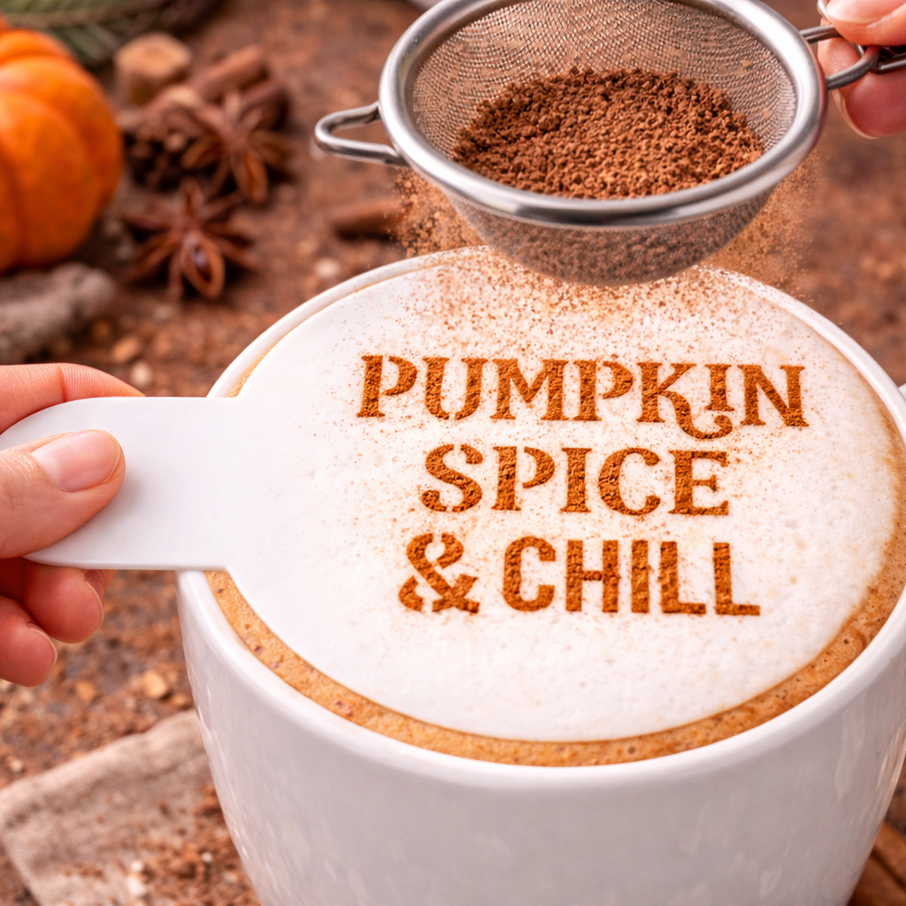 Pumpkin Spice Stencil set being applied to the top of a latte