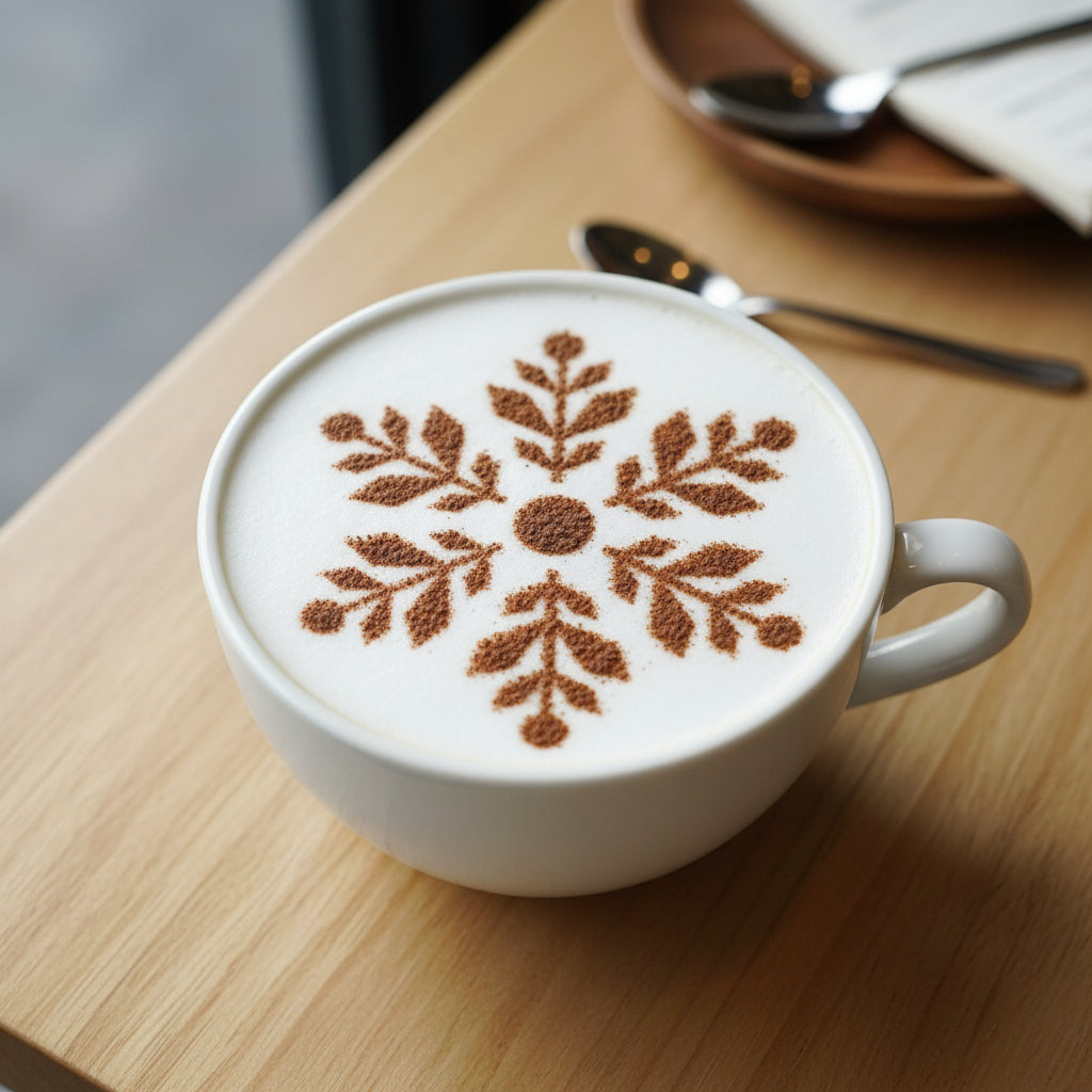 Snowflake applied to the top of coffee with cocoa powder