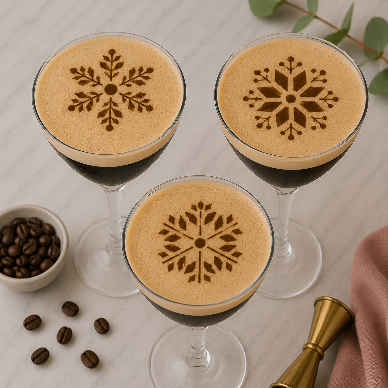 Espresso Martinis stenciled with snowflake cocktail stencils