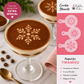 Dessert with cocoa powder snowflake design, accompanied by cookie stencils for creating similar designs.