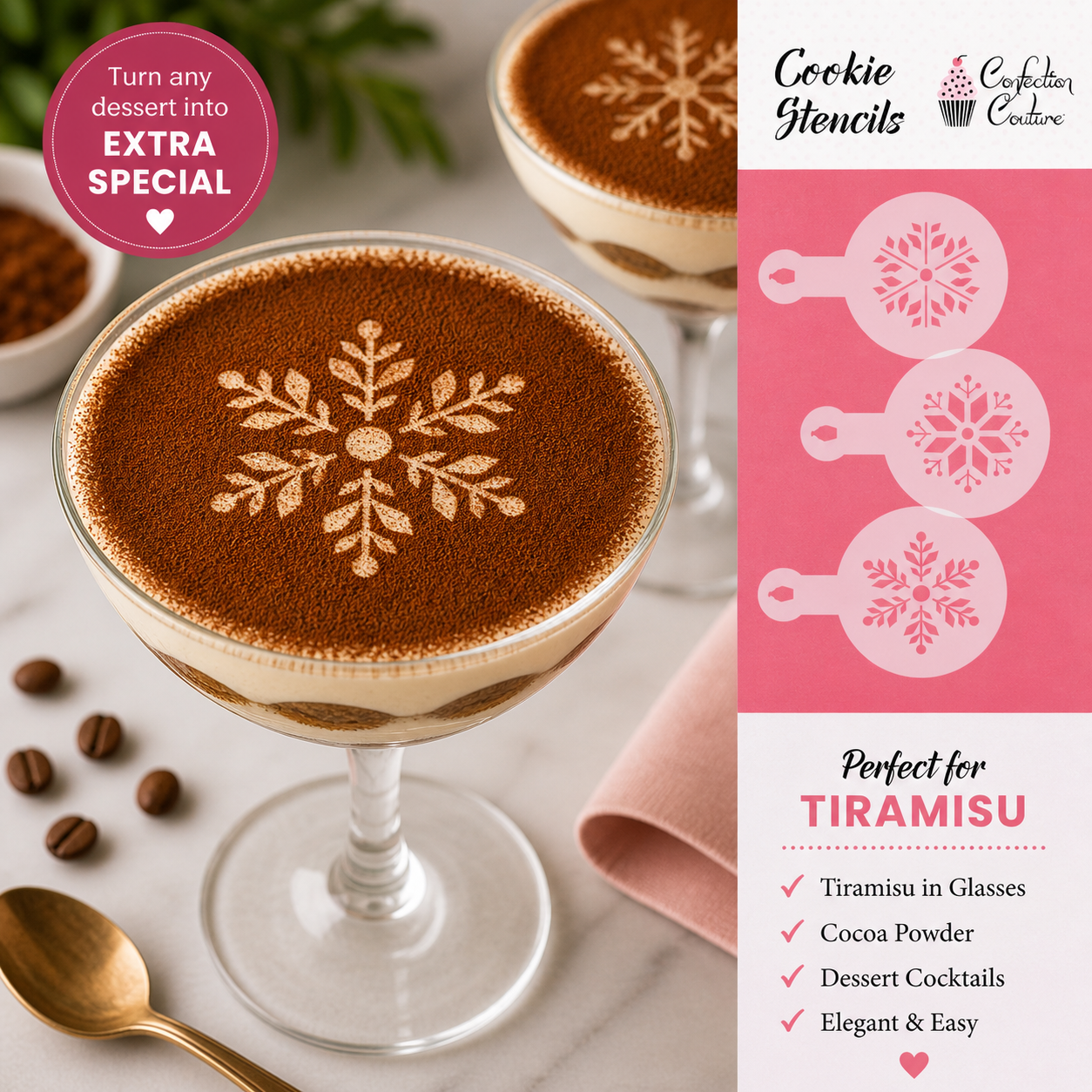 Dessert with cocoa powder snowflake design, accompanied by cookie stencils for creating similar designs.