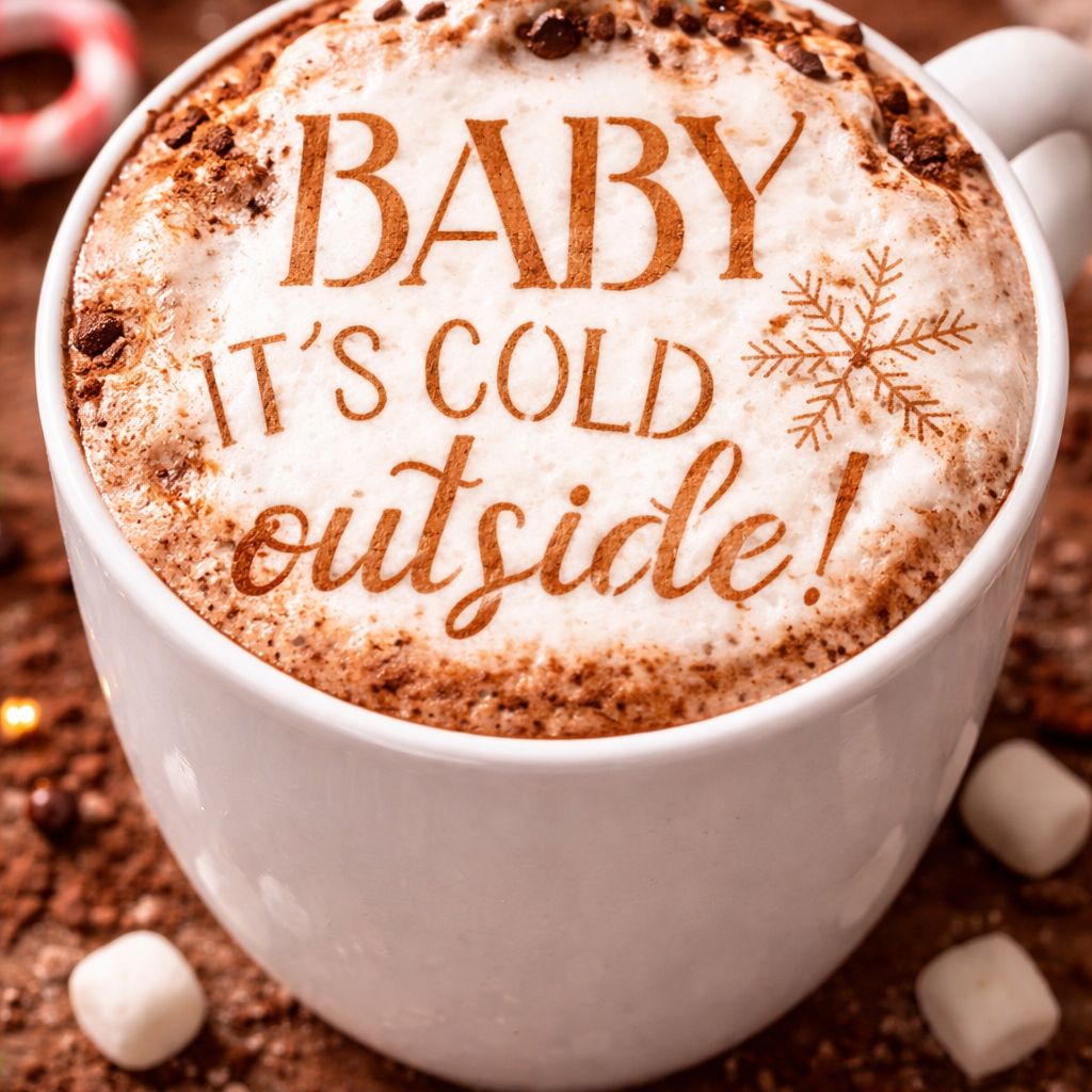Hot chocolate with whipped cream and a message 'Baby it's cold outside' on a wooden surface.