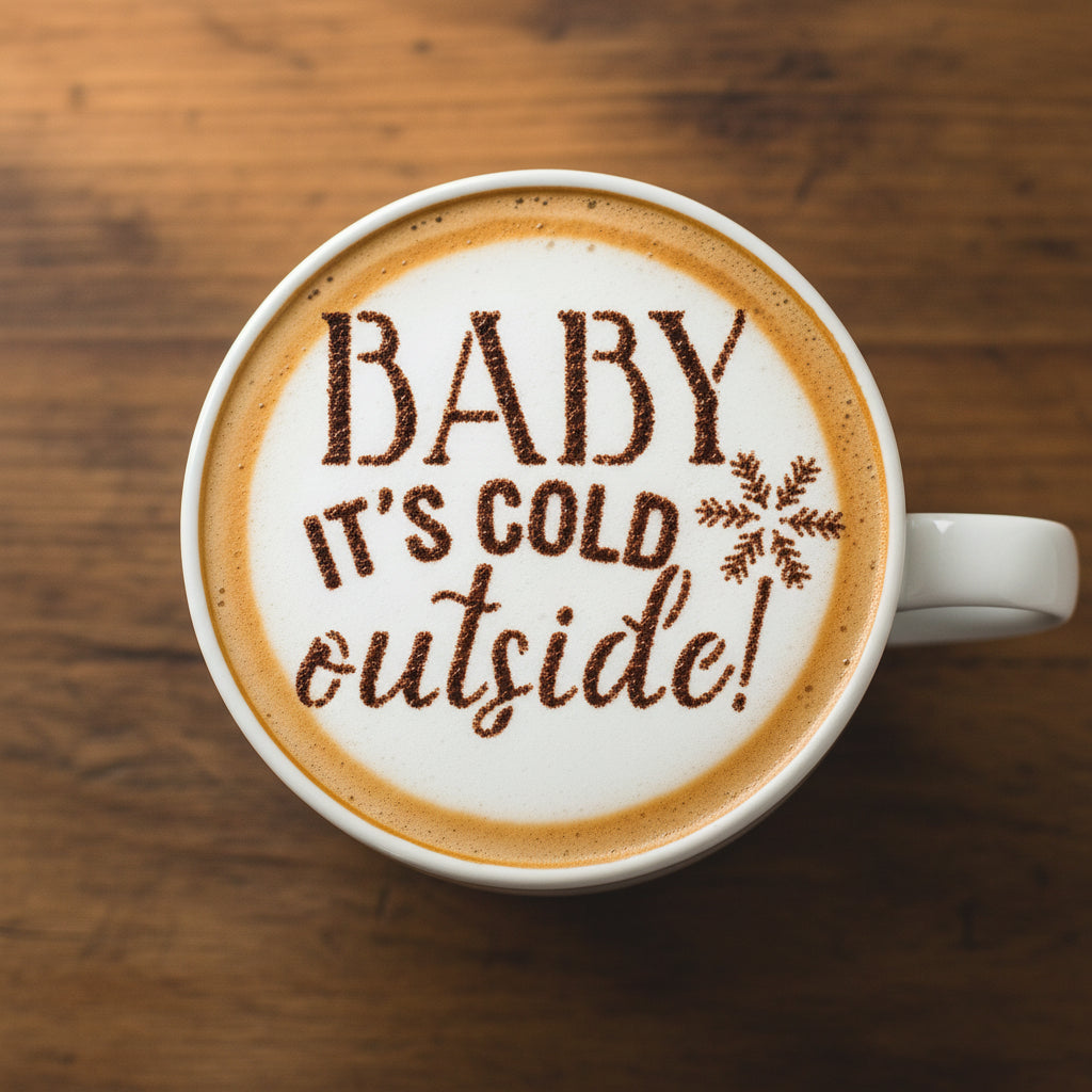 Winter beverage stencil applied to the top of coffee with cocoa powder
