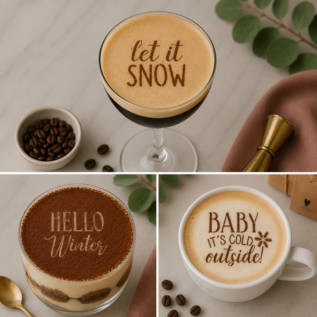 Three coffee drinks with text on the foam, surrounded by coffee beans and a spoon.
