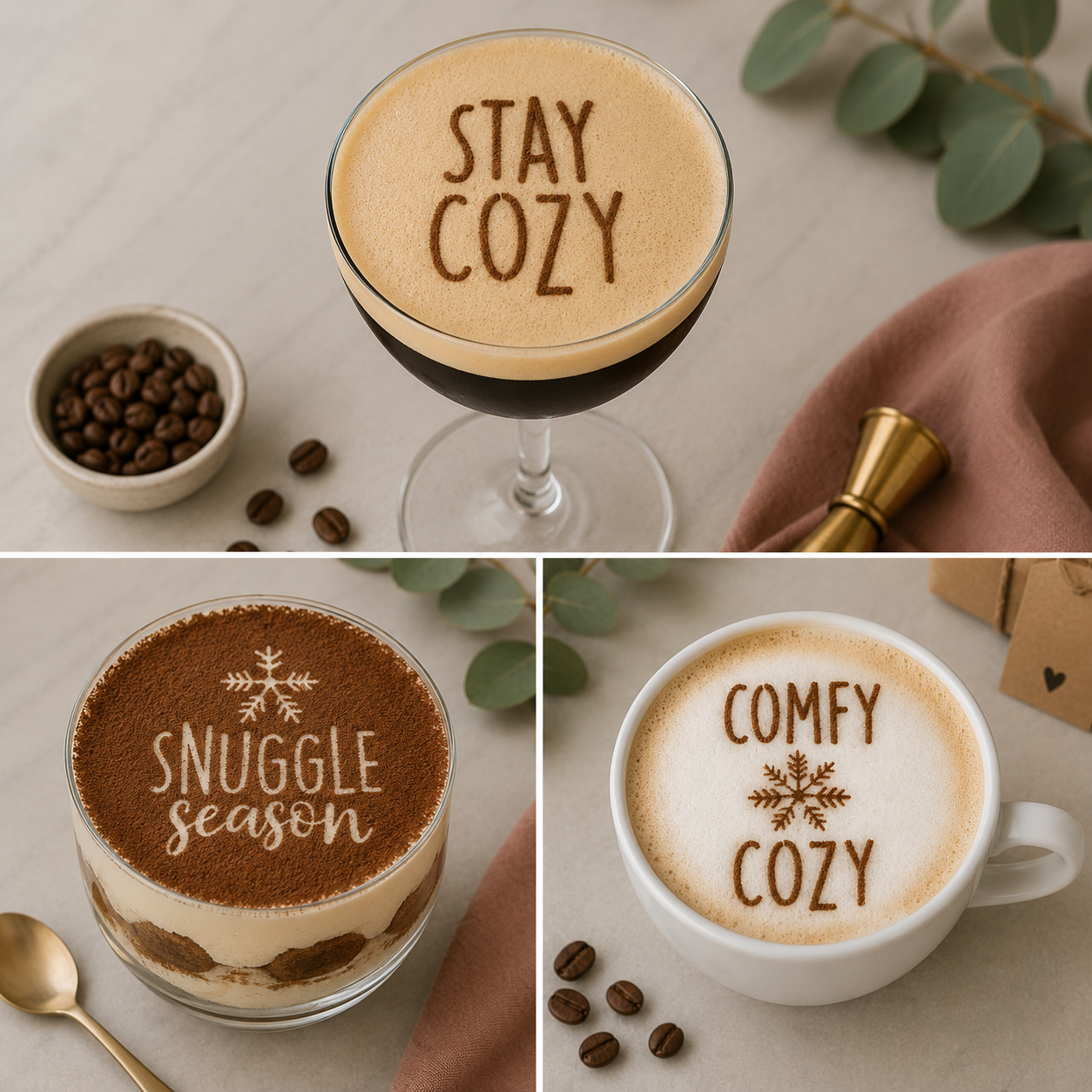 Collage of three coffee beverages with text on the foam, surrounded by coffee beans and a hat.