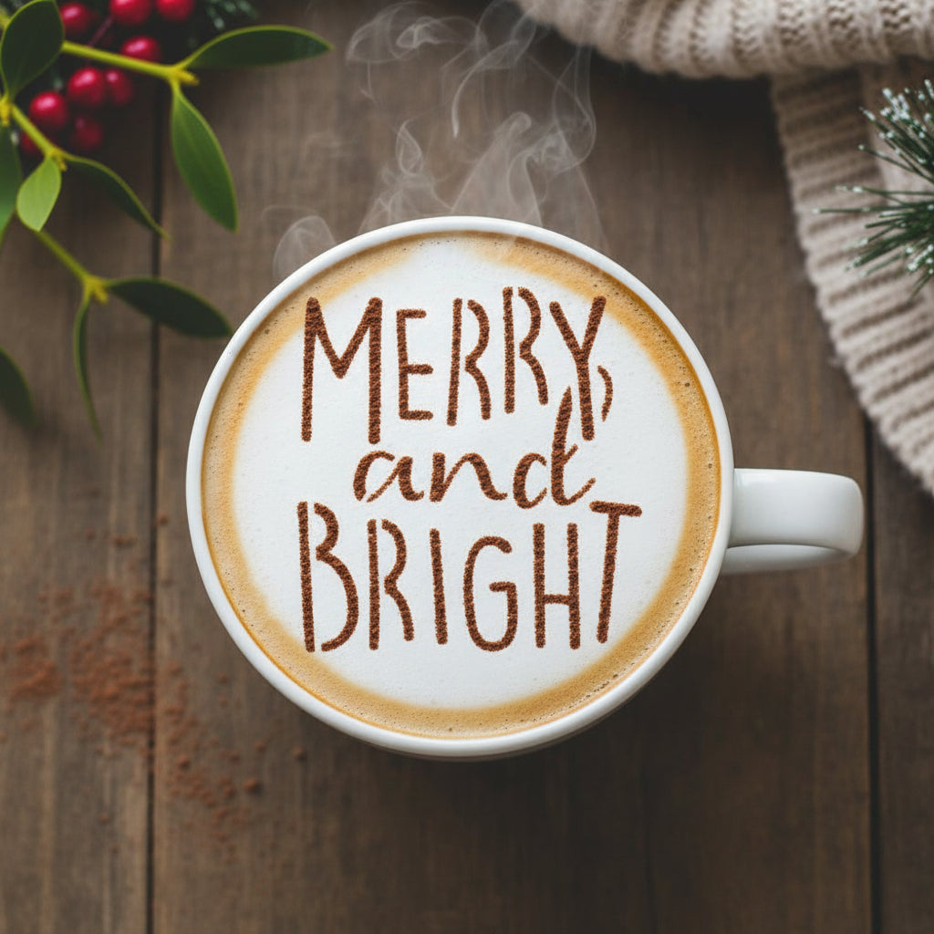 Merry and Bright drink stencil applied to the top of coffee with cocoa powder