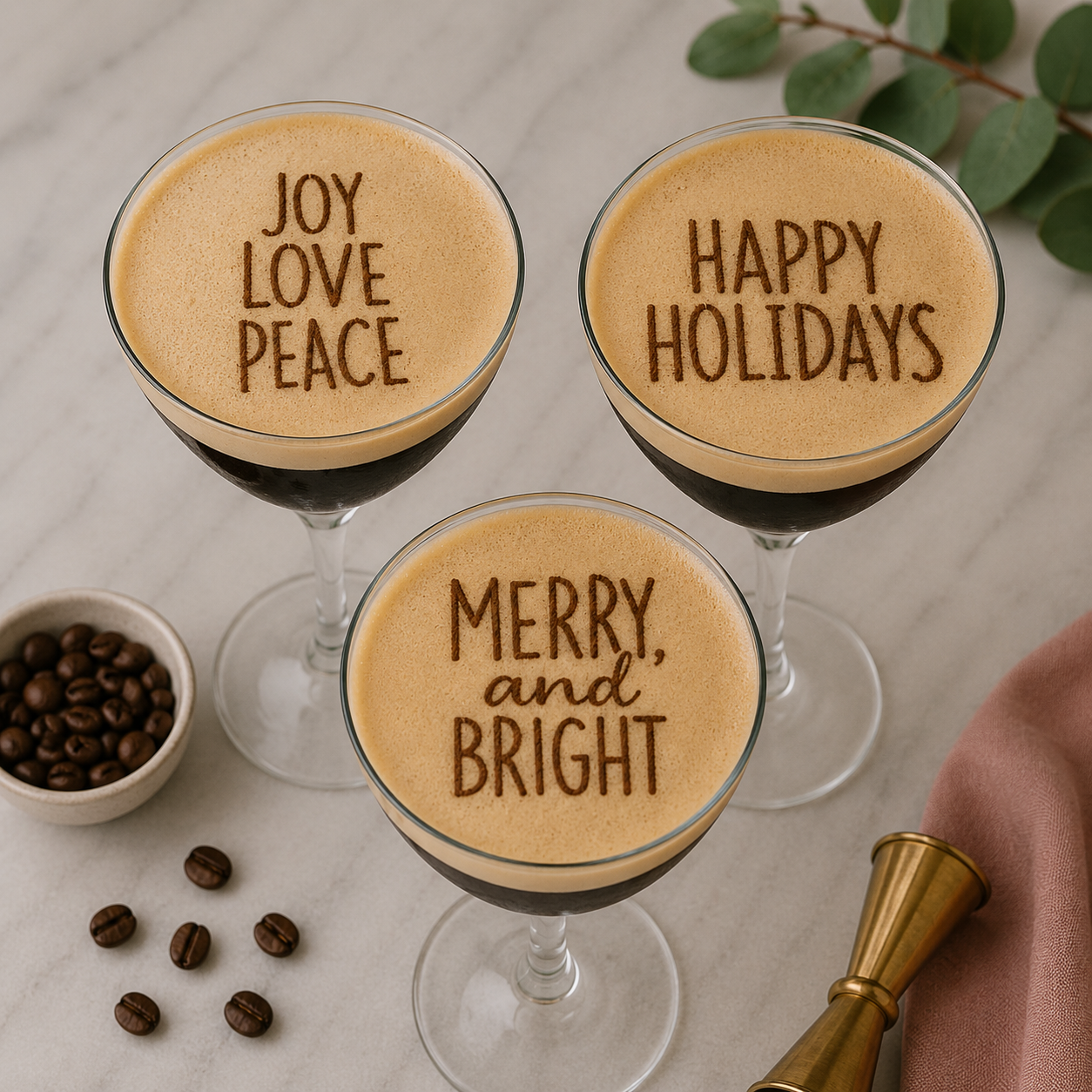 Three glasses of coffee with festive text on a marble surface with coffee beans and a gold jigger.