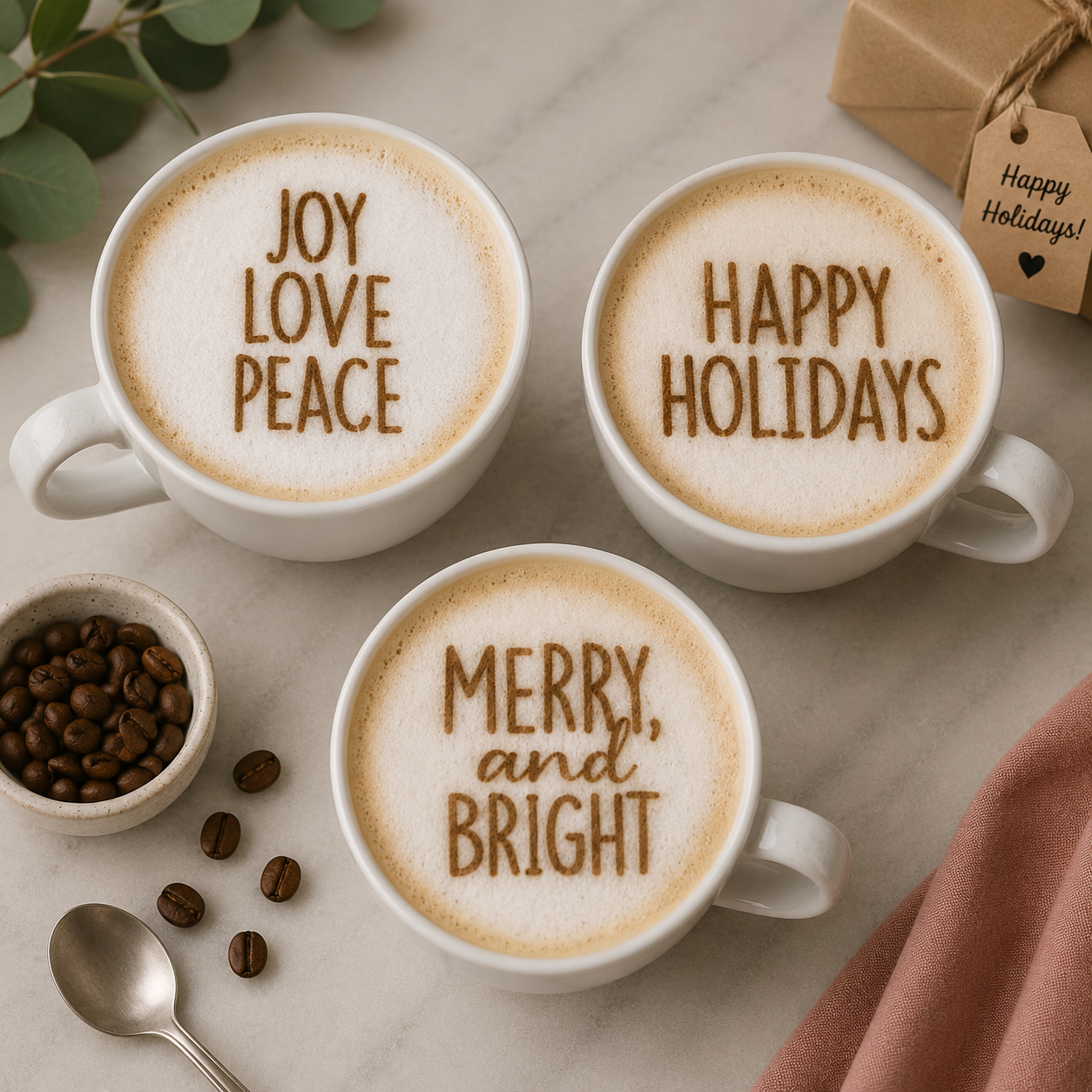 Three cups of coffee with festive text on the foam, surrounded by coffee beans and a gift box.