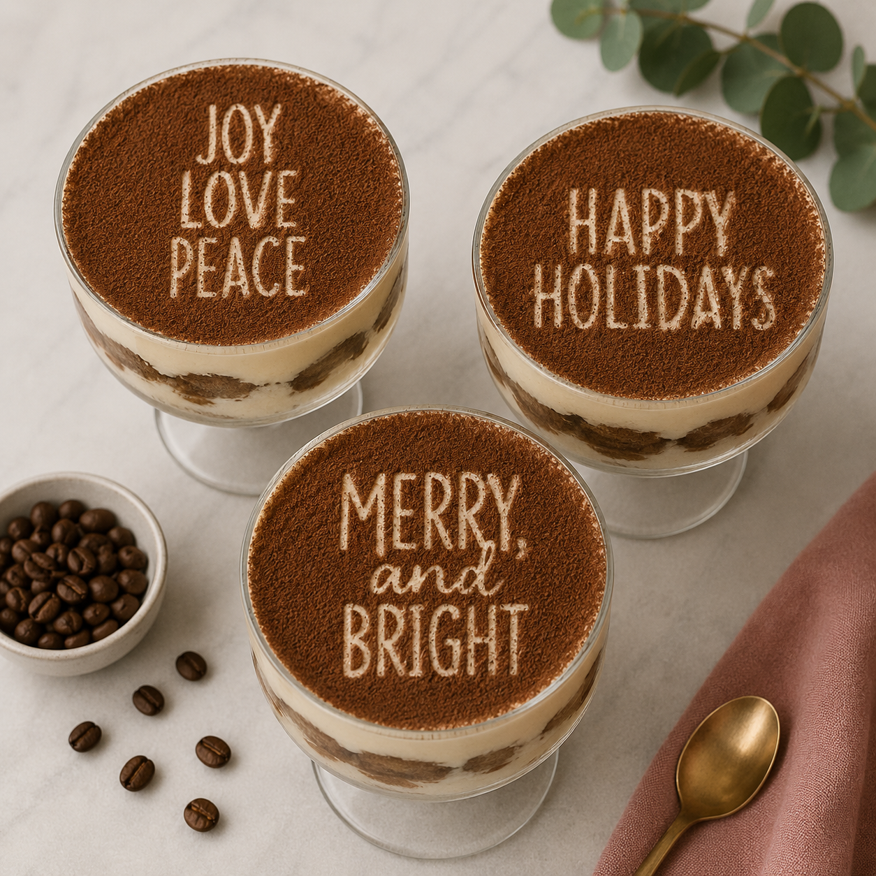 Three dessert cups with tiramisu-like filling and holiday-themed text on a light background.