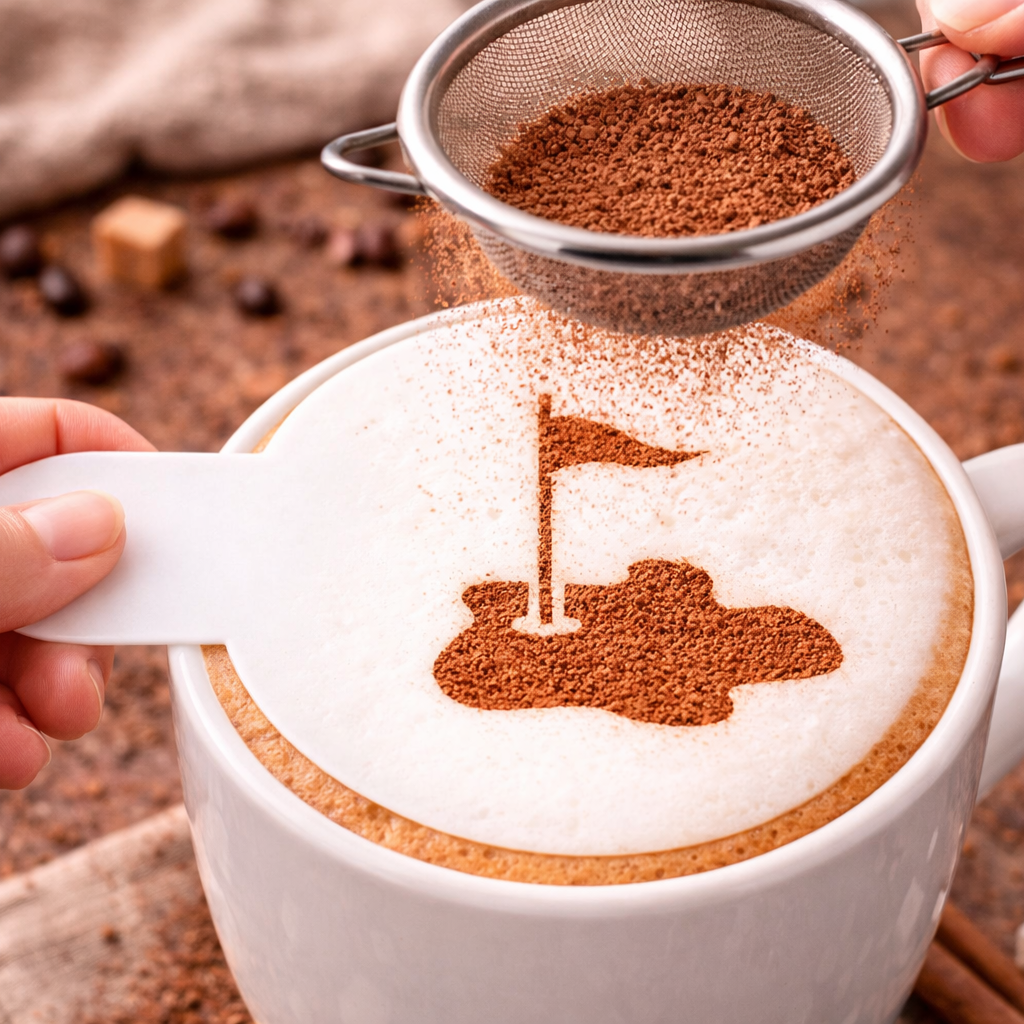Café au lait with a chocolate powder design of a golf course and flag, held by a hand.