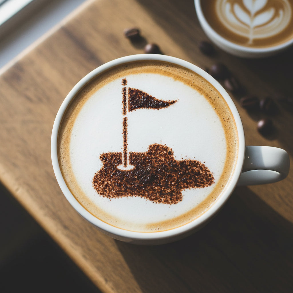 GOLF COFFEE STENCILS applied to the top of coffee with cocoa powder
