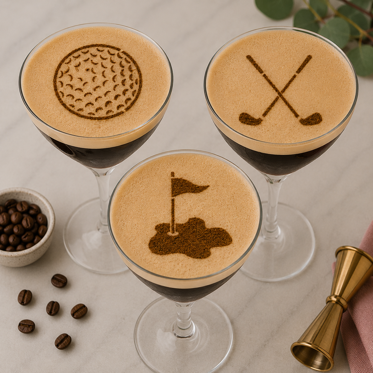 Espresso martinis stenciled with golf theme cocktail stencils
