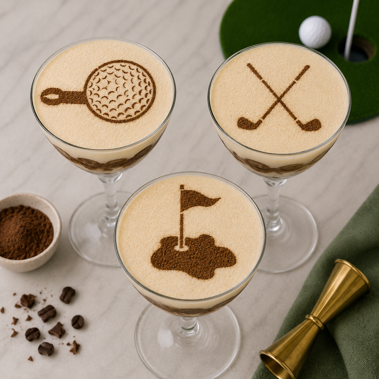Tiramisu dessert stenciled with golf ball dessert stencils