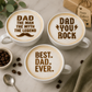 Latte coffee drinks stenciled with messages for dad like "Dad you Rock" and "Best Dad Ever"
