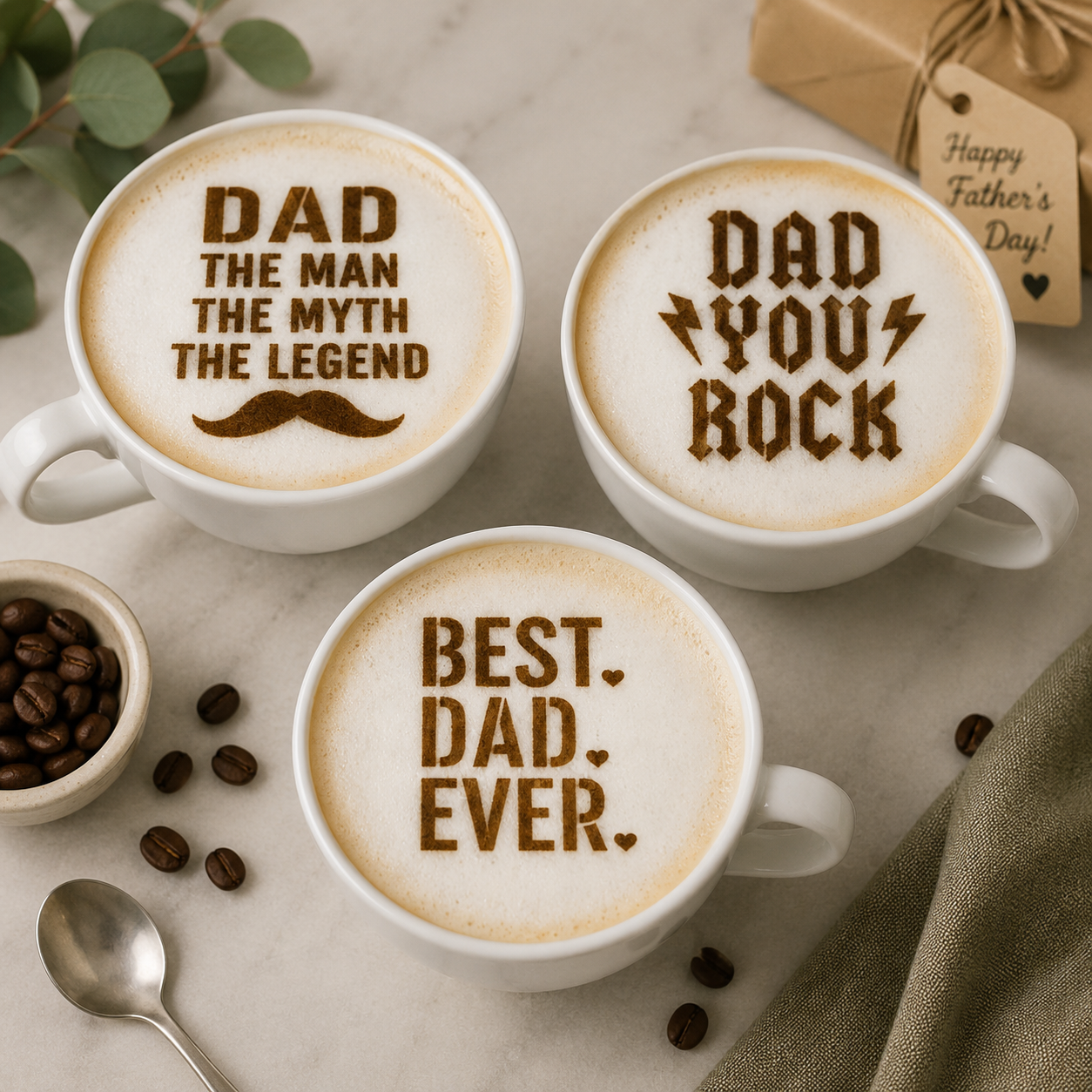 Latte coffee drinks stenciled with messages for dad like "Dad you Rock" and "Best Dad Ever"