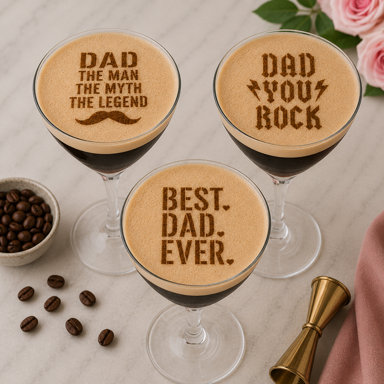 Espresso martinis with messages stenciled onto the top like Best Dad Ever, Dad you Rock