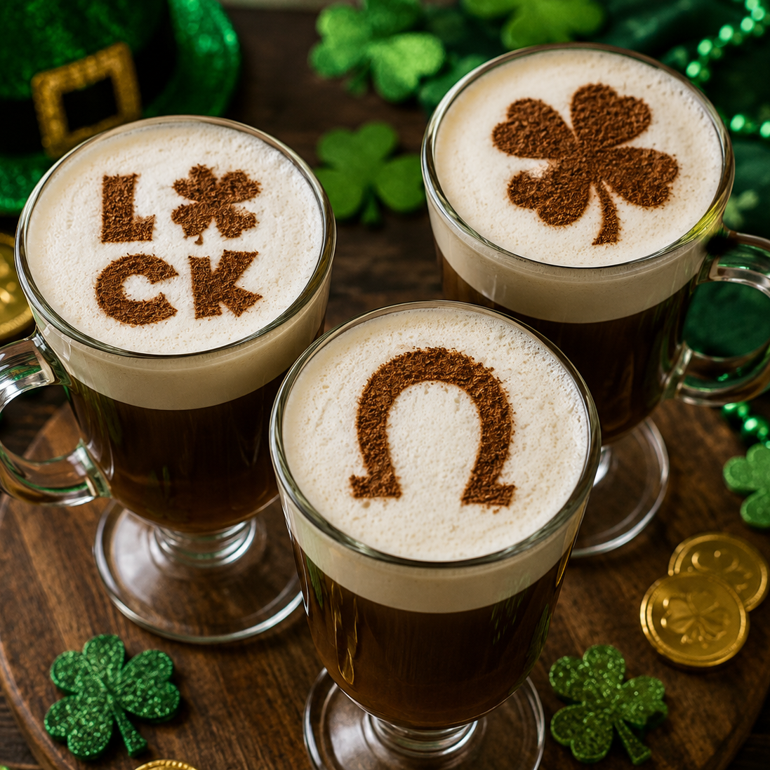 Three glasses of coffee with foam designs on a wooden surface with St. Patrick's Day decorations.