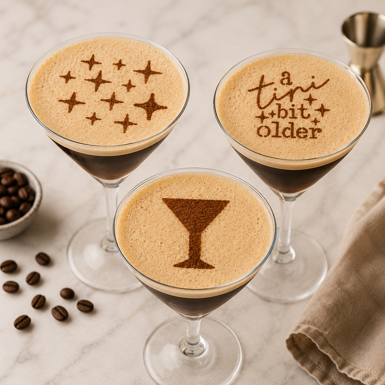 Espresso Martinis stenciled with the martini cocktail stencil 