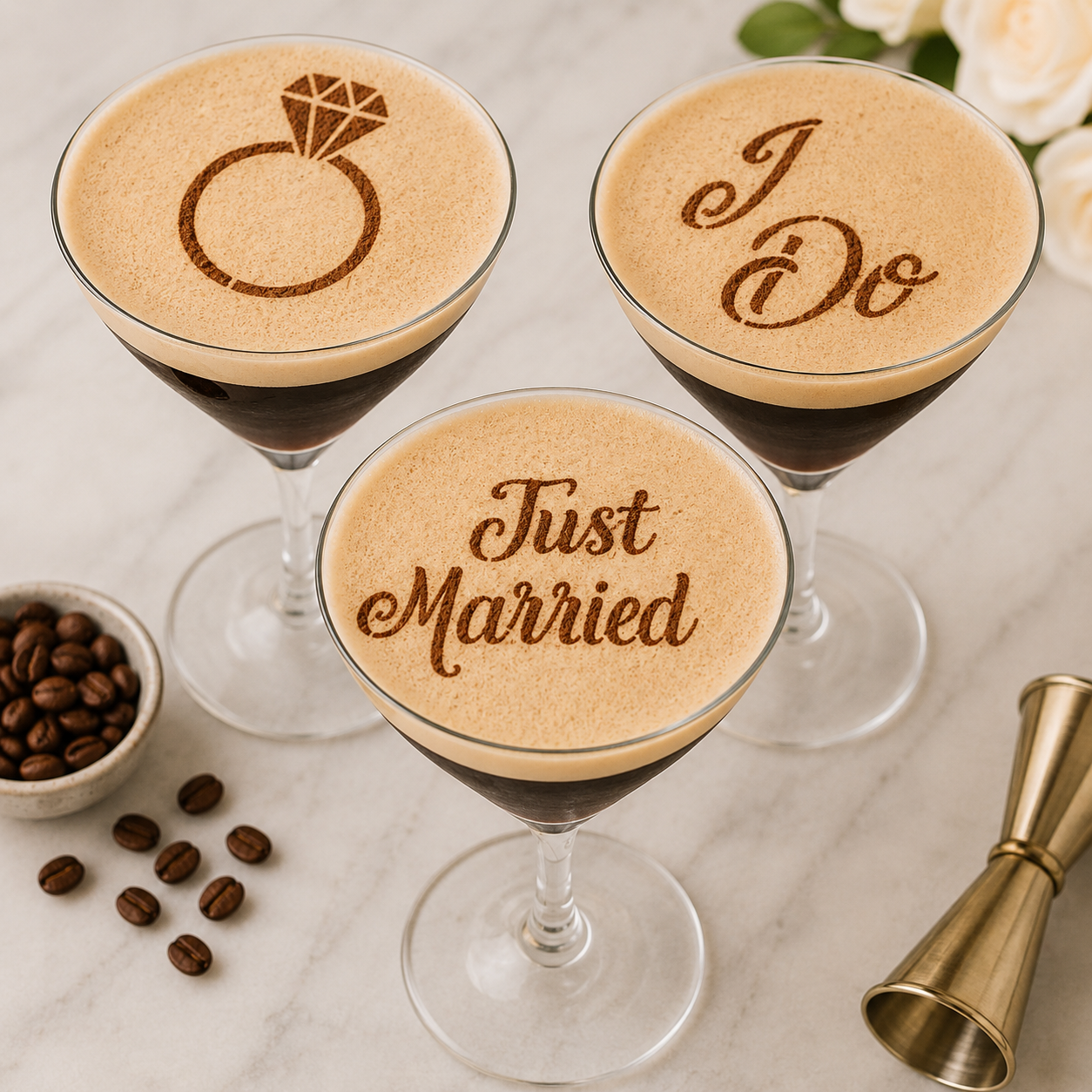 Espresso Martinis decorated with I Do, Just Married and a diamond ring.