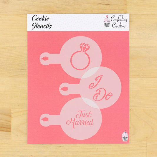 Stencils for cocktails, tiramisu, and lattes featuring a diamond ring, I do and Just Married messages.