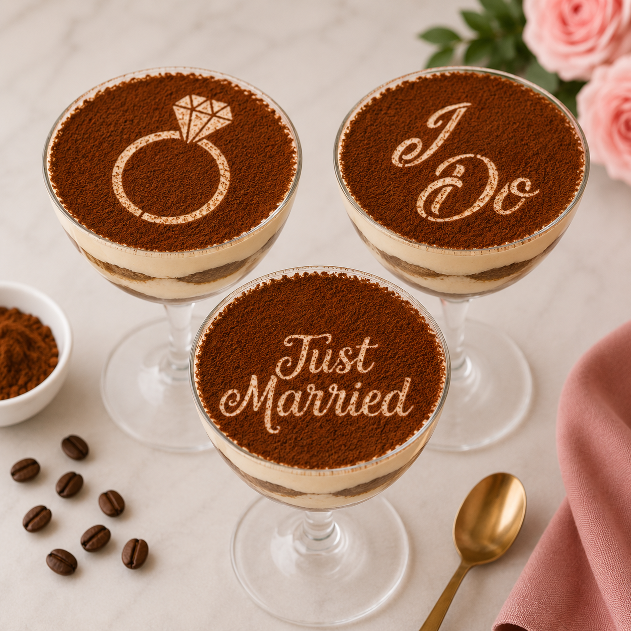 I do, Just Married and a diamond ring applied to the top of tiramisu martini glasses.