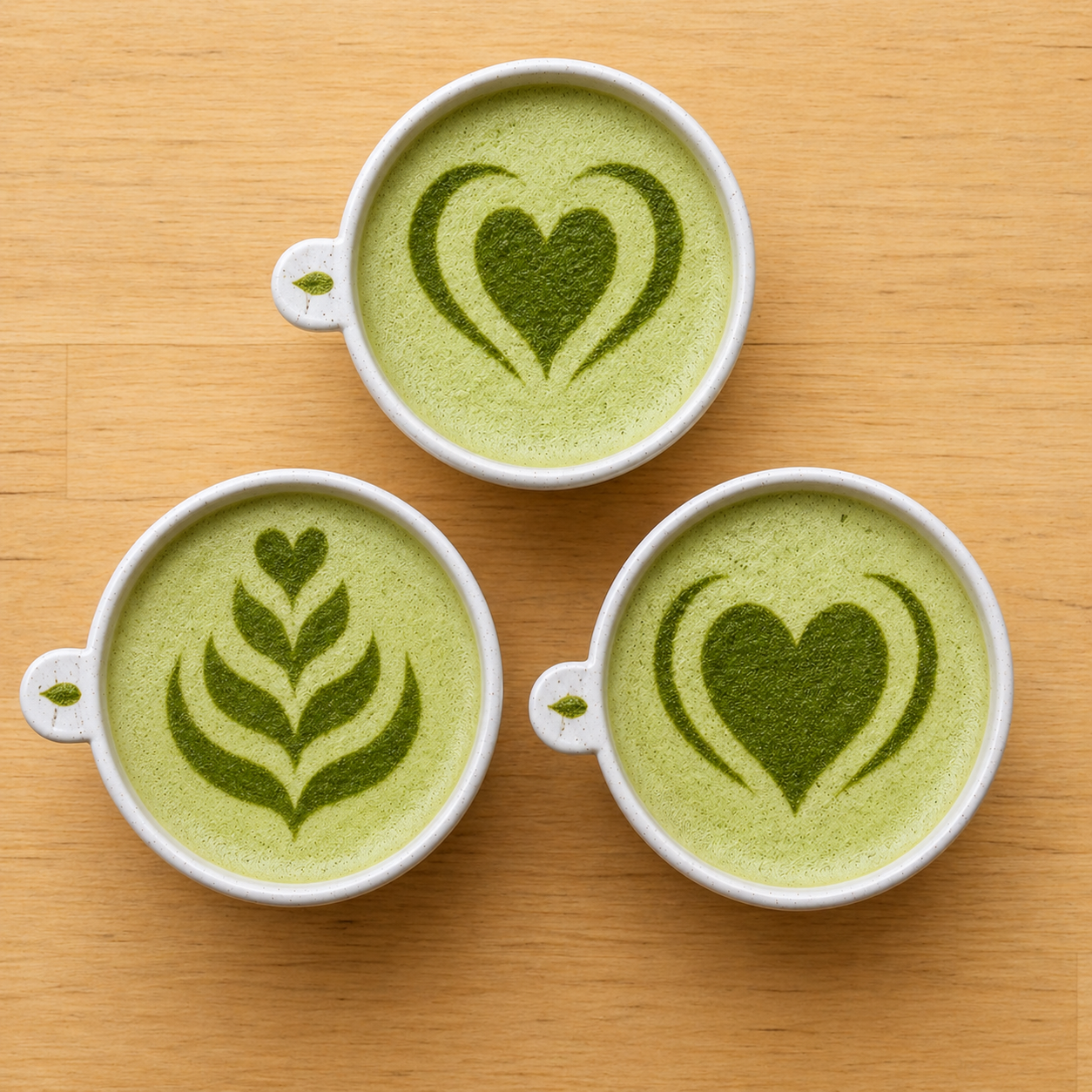 Three white cups with green latte art on a wooden surface