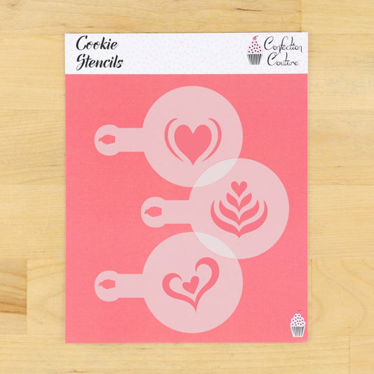 Set of cookie stencils on a pink sheet with 'Cookie Stencils' text and 'Confection Couture' branding.