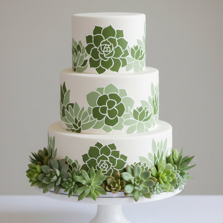 White tiered cake with succulent design on all sides.