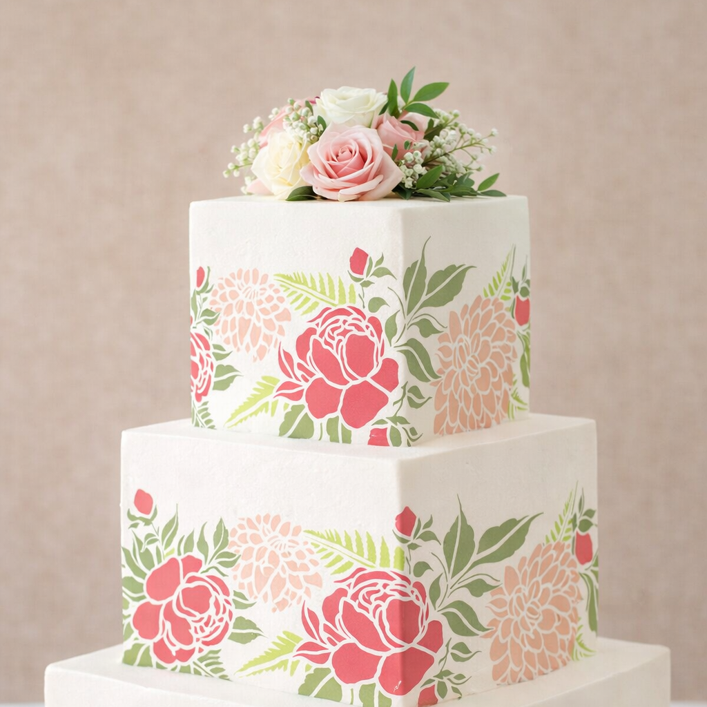 Three-tiered wedding cake with floral patterns on a neutral background