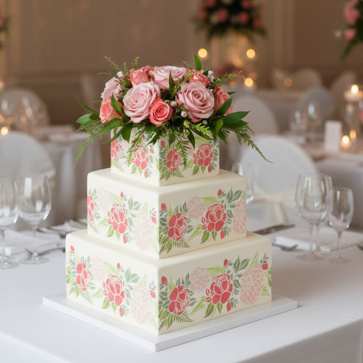 Three-tiered floral cake with pink roses on a white background