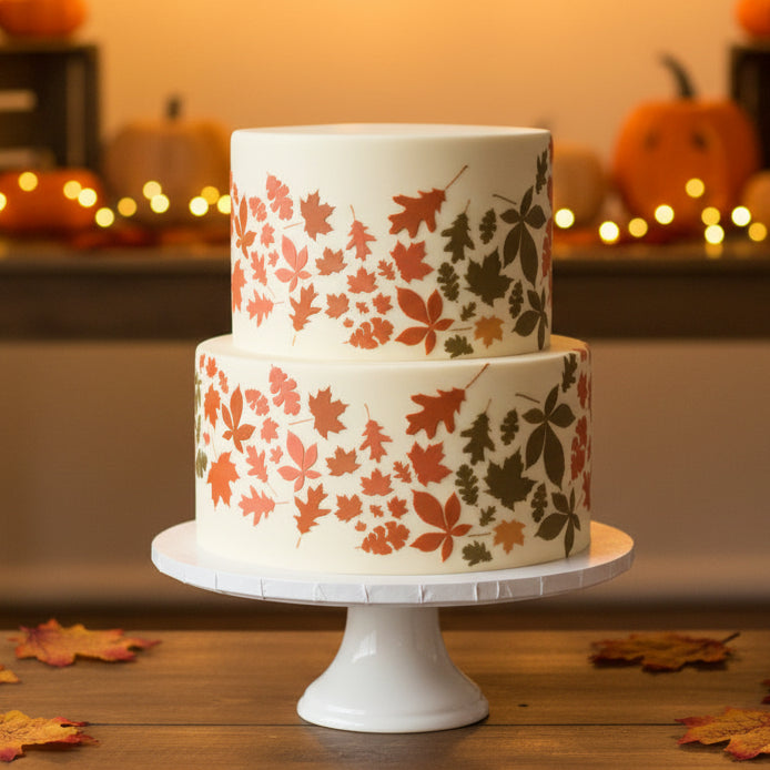 Collection of autumn leaves in various shades of orange, red, and brown on a white iced cake.