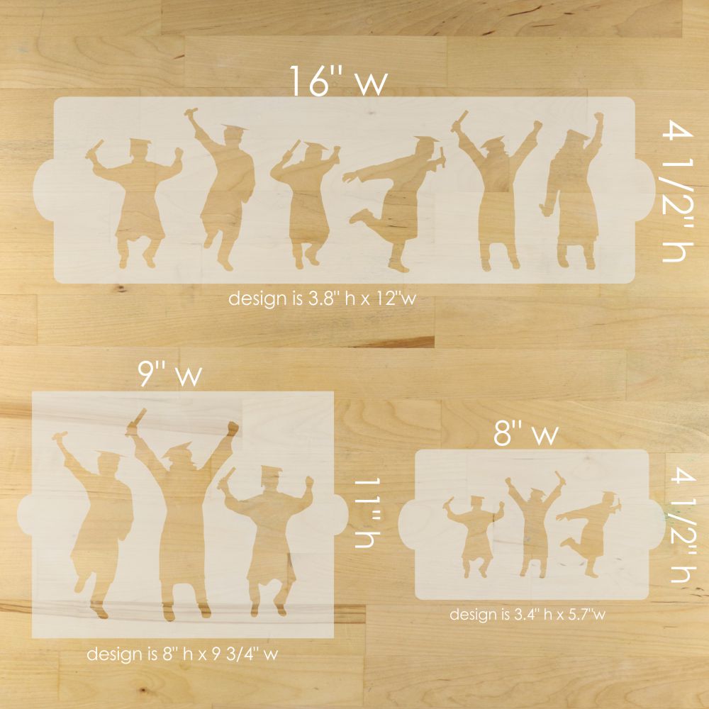Set of three graduation cake stencils with dancing figures and measurements on a wooden surface