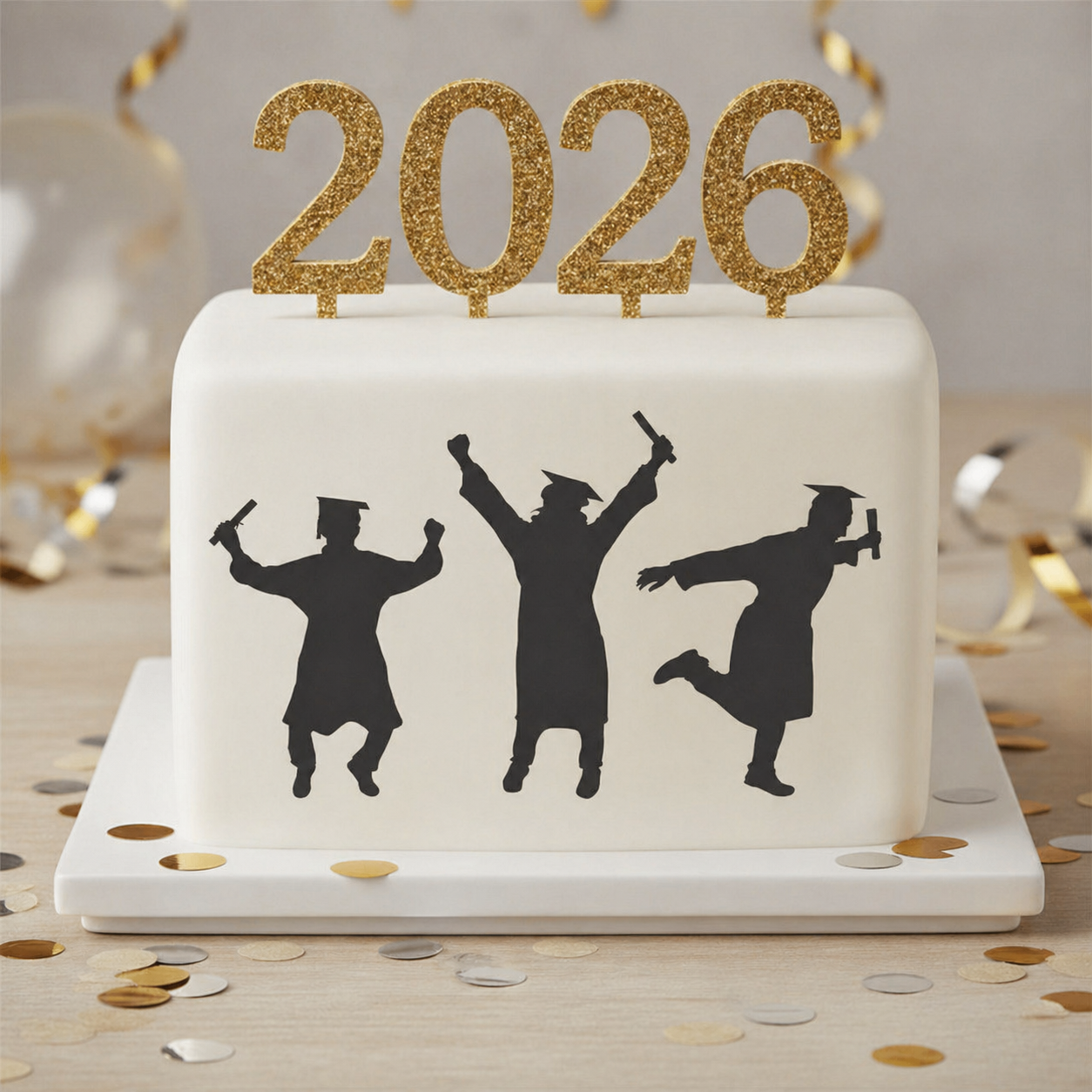 Graduation-themed cake with '2026' and silhouettes of graduates on a white background.