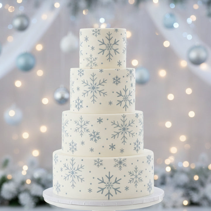 White cake stenciled with the snowflakes cake stencil 