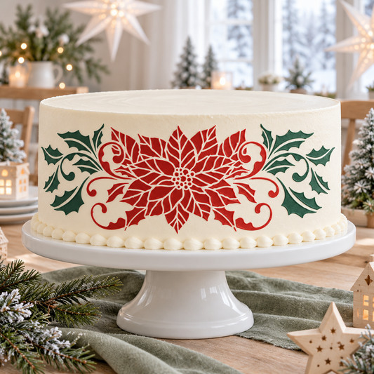 A round white frosted cake on a white pedestal stand, decorated with a large red poinsettia-style floral motif and green holly leaves on the side, set in a cozy holiday room with lights and trees in the background.