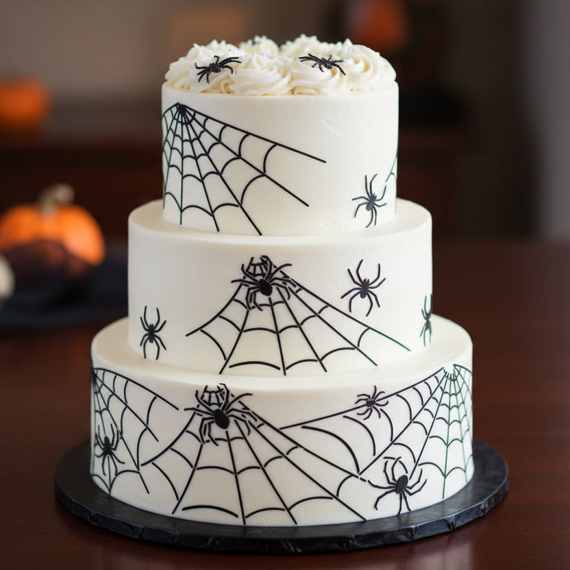 Spider web cake stencil applied to a Halloween cake