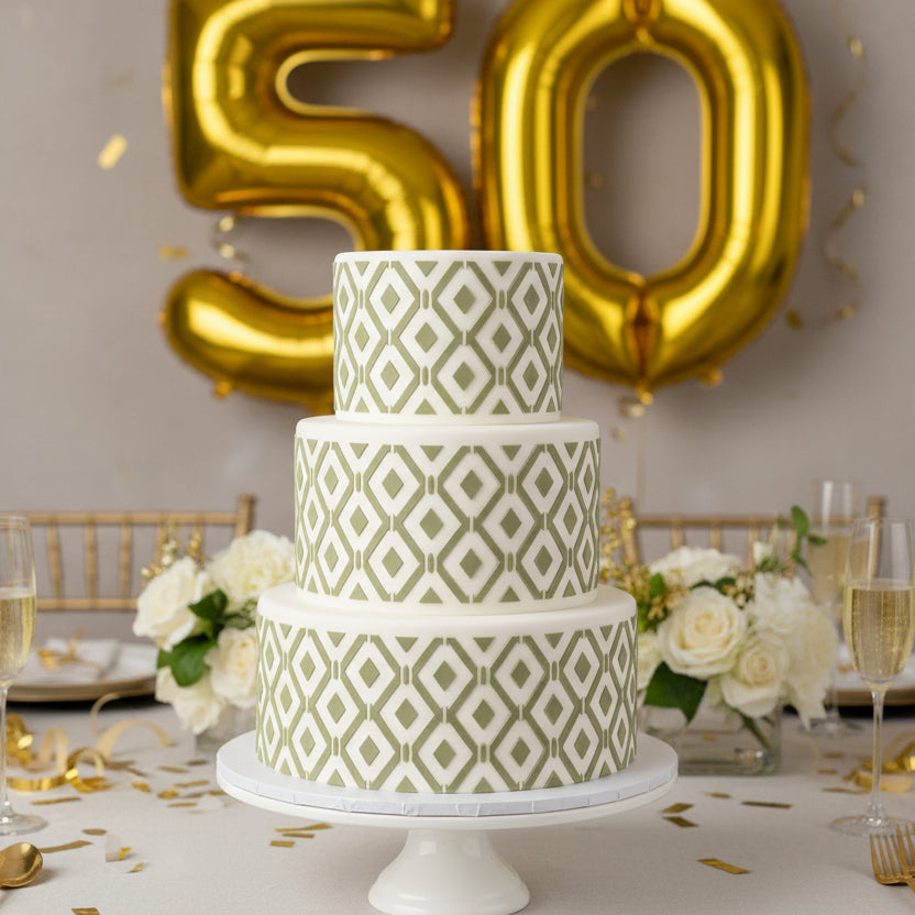 Astoria Diamond cake stencil applied to a multi-tiered anniversary cake for a party.