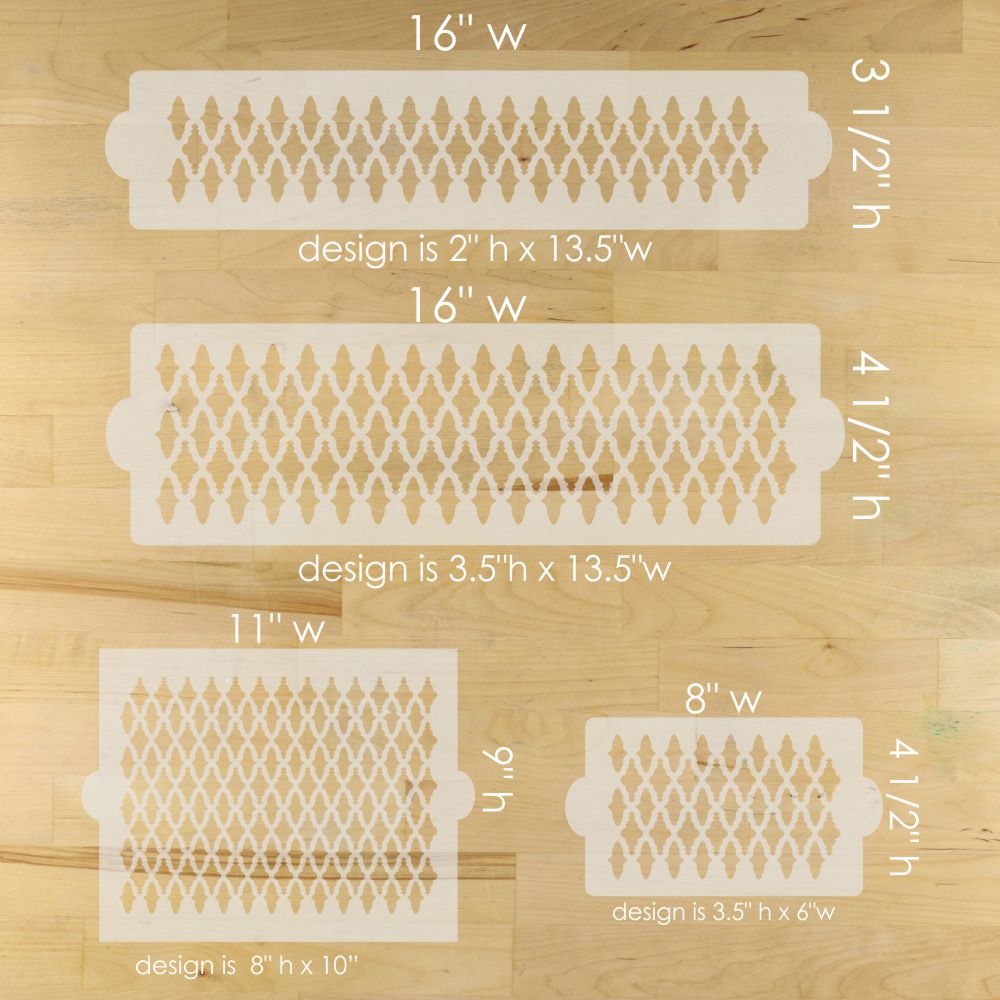 Set of four stencils with geometric patterns and measurements on a wooden surface