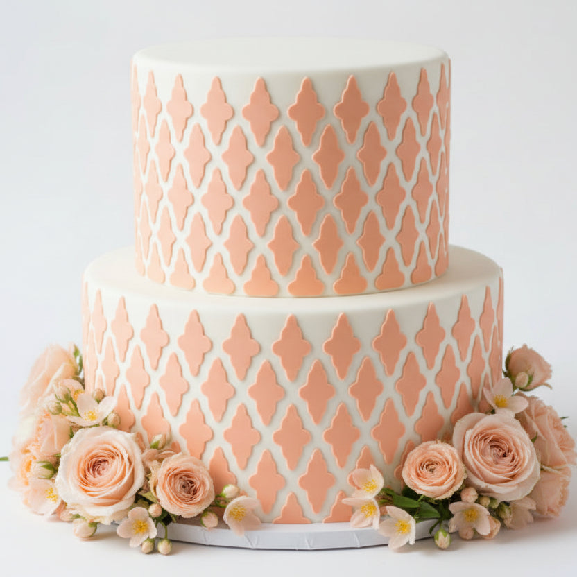 Patterned design with geometric shapes in peach color on a white background