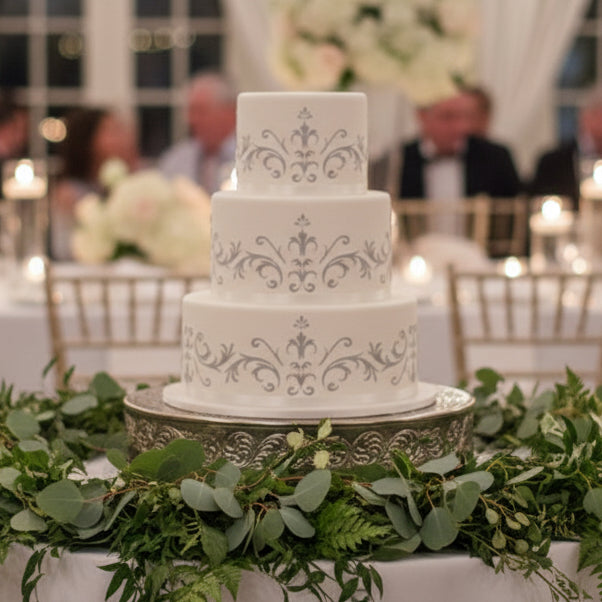 Victorian Baroque Cake Stencil applied to a wedding cake