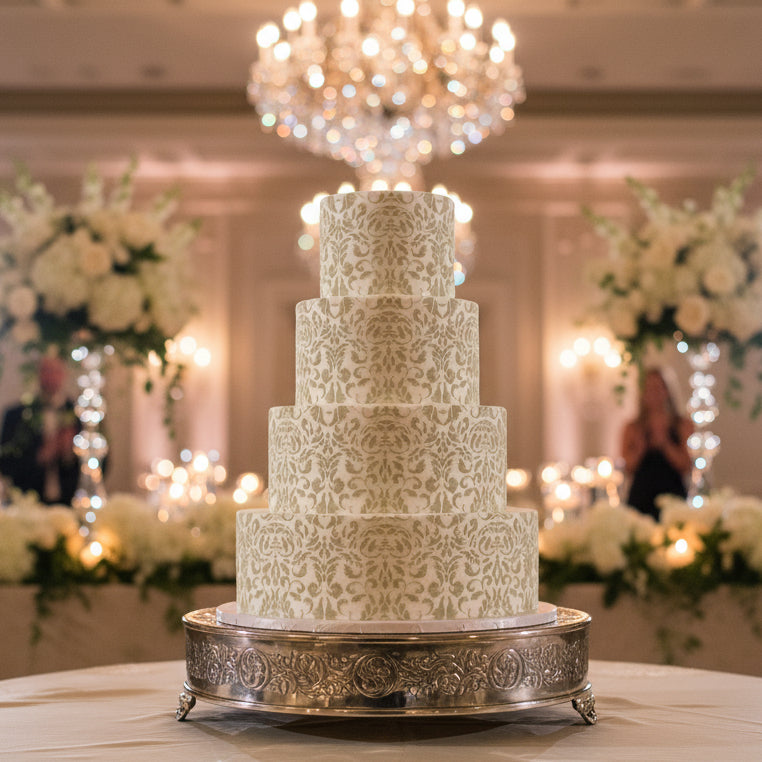 Acanthus Stencil design applied to a multi-tiered cake for a formal wedding