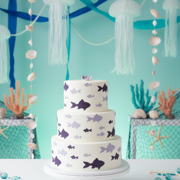 Pattern of fish on a white cake