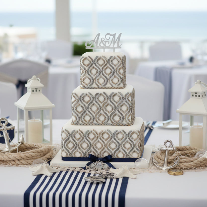 Rope stencil iced onto a multi-tiered nautical themed wedding cake.